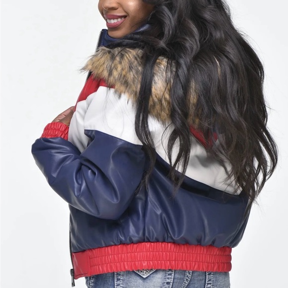Women’s Dakota  Faux Leather Red White & Blue Bomber Jacket Size Large - Picture 3 of 7